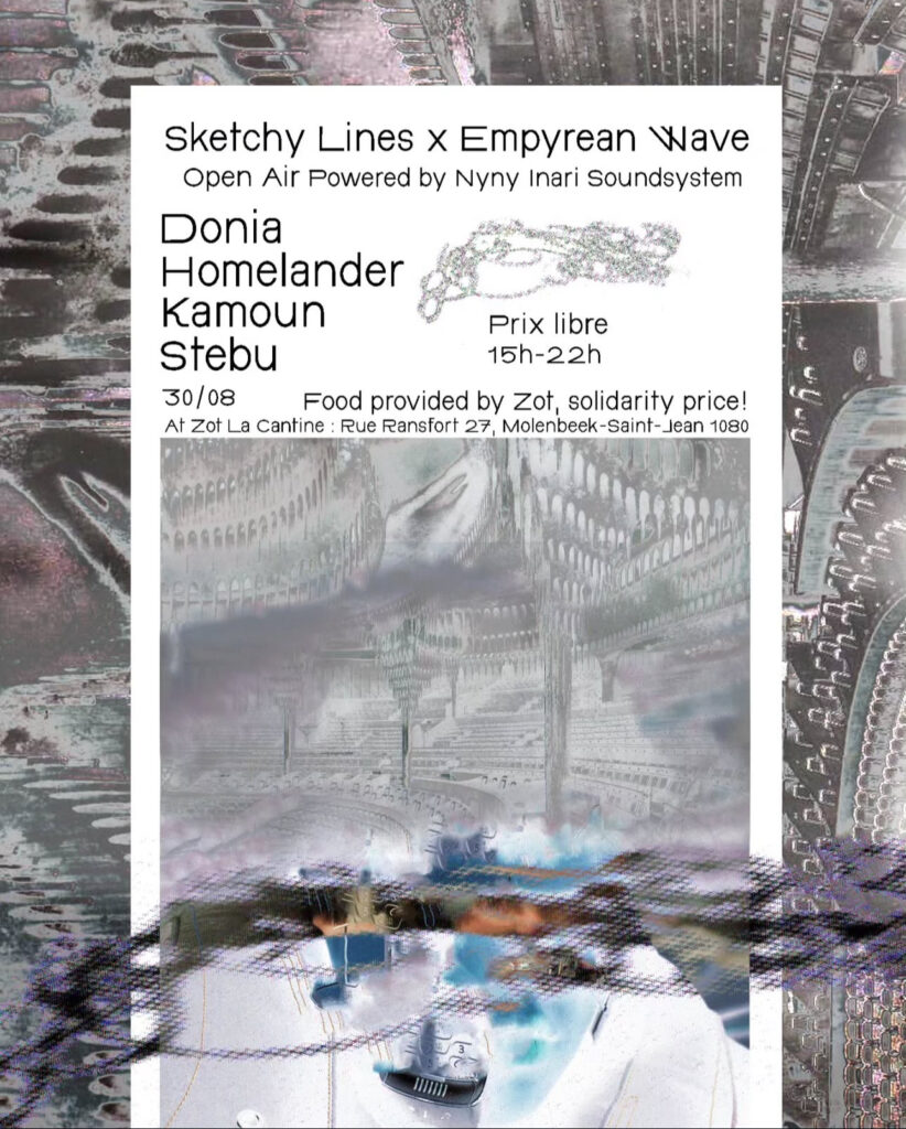 Affiche de l’événement musical Sketchy Lines x Empyrean Wave à Zot La Cantine, le 30 août 2025, avec Donia, Homelander, Kamoun et Stebu, en open air.