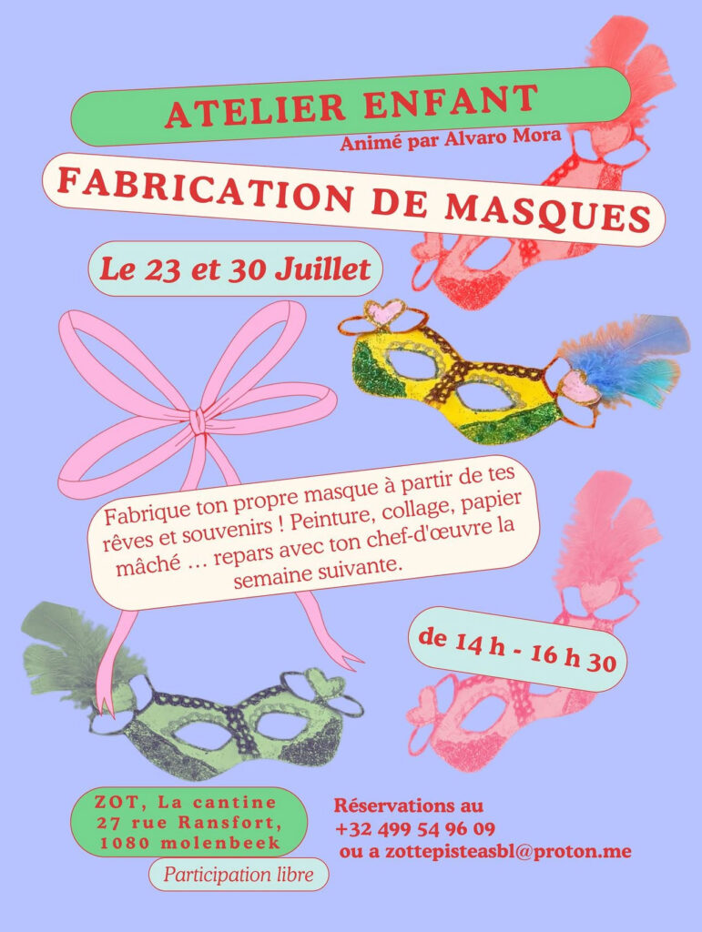 Affiche de l’atelier enfant “Fabrication de masques” les 23 et 30 juillet