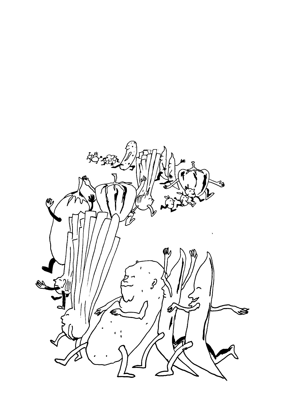 Illustration de légumes anthropomorphes qui défilent joyeusement, style dessiné à la main.